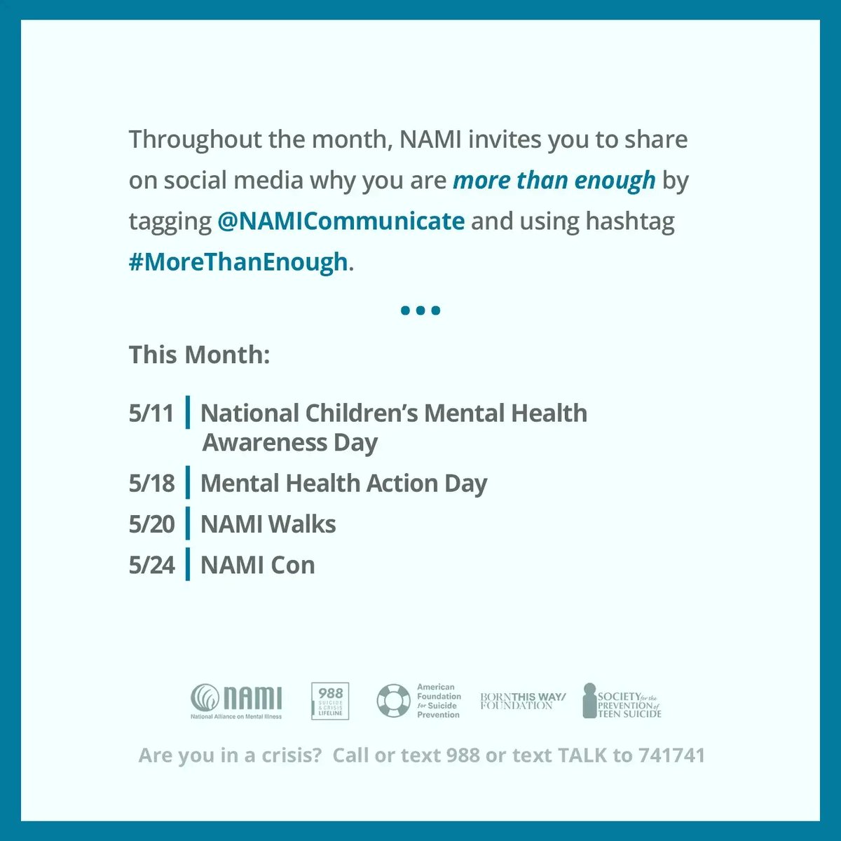 May is Mental Health Awareness Month, when we aim to raise awareness, end stigma, educate &amp; advocate for policies that support those suffering from mental illness.
#morethanenough #mentalhealth #mentalhealthawarenessmonth #mentalhealthmatters #semicolon #endthestigma #together4mh