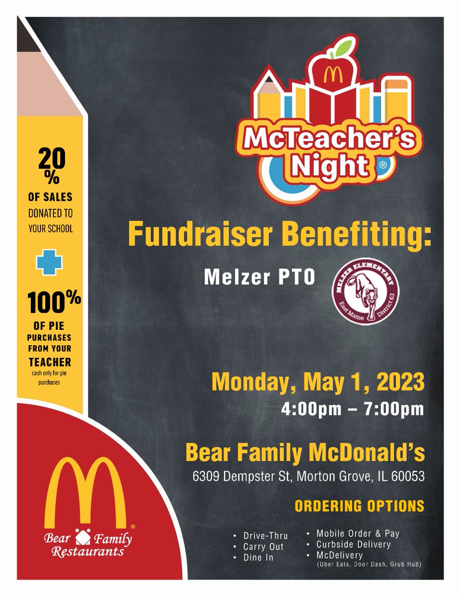 Another Monday - and a rainy one. Perk things up at McTeacher's Night from 4-7 p.m. - and support the PTO! bit.ly/2UGhD8q 🍟🍦🍔