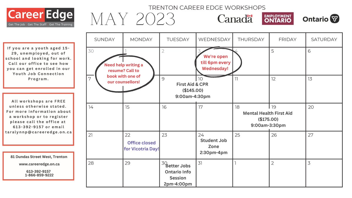 CareerEdge (@career_edge) on Twitter photo The May workshop calendar is here!
See our full calendar of workshops and events here: careeredge.on.ca/events/
If you would like to learn more about a workshop or are ready to register please call 613-392-9157 or email taralynnp@careeredge.on.ca!
#CareerEdge #GetTheEdge The May workshop calendar is here!
See our full calendar of workshops and events here: careeredge.on.ca/events/
If you would like to learn more about a workshop or are ready to register please call 613-392-9157 or email taralynnp@careeredge.on.ca!
#CareerEdge #GetTheEdge