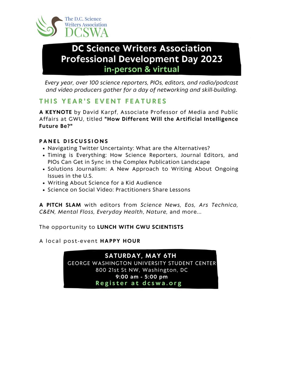 #Science writers in the DC area! I'll be fielding pitches at <a href="/DCSWA/">DCSWA 🐥</a>'s Professional Development Day pitch slam this Saturday! If you have a weird story idea, you know where to find me