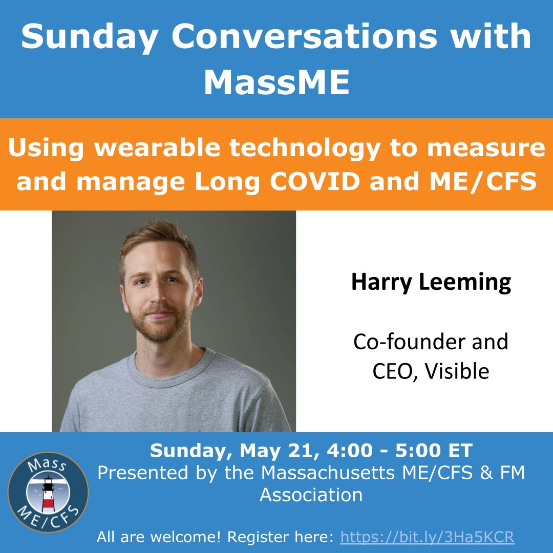 MassMECFS's tweet photo. Please join us for our next Sunday Conversations: "Using wearable technology to measure and manage Long COVID & ME/CFS" with Harry Leeming from #VisibleHealth . Sunday May 21, 2023 4 p.m. ET
https://t.co/D6bjdIyP3v
#MassME #MEcfs #LongCovid https://t.co/AKnWWhIO8X
