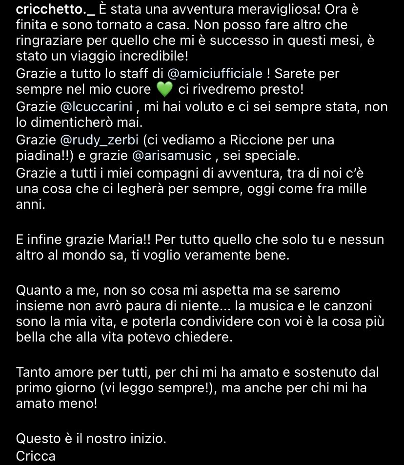 amicii_news's tweet photo. Le parole di Cricca dopo la sua eliminazione da #Amici22. https://t.co/JUsyPUMy2M