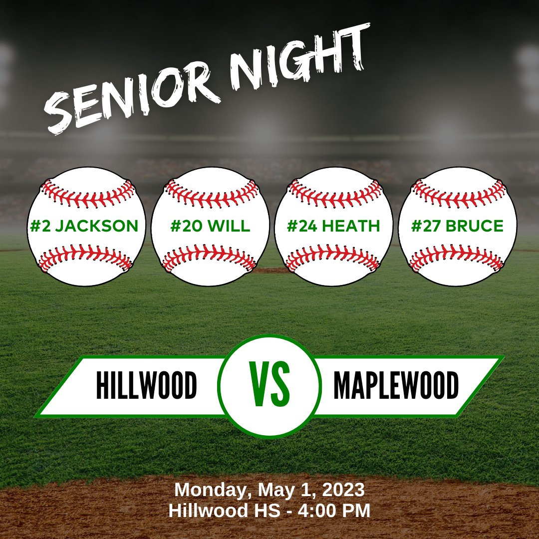Come out and join us this afternoon as we begin District play against Maplewood.

But before we take the field, we will celebrate our 4 seniors in the final Hillwood Baseball Senior Night ever!

4:00 PM @ Hillwood High School