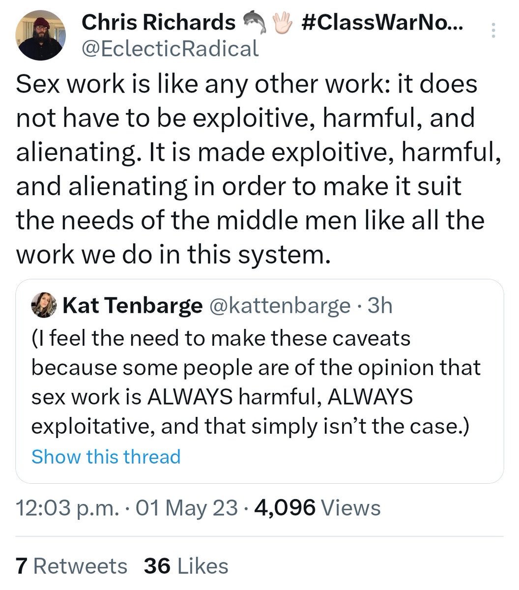 iHateCogsci's tweet image. Sex work is like any other work: it does not have to be exploitative, harmful, or alienating.

Also, sex workers are the only barrier stopping incels from murdering women.