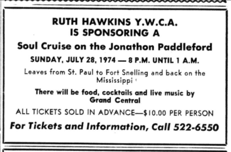SlingshotAnnie's tweet photo. That time Prince and @andrecymone and the rest of their Grand Central band played a Soul Cruise on the Jonathan Paddleford river boat. July 28, 1974. Ad from @MNSpokesman archives via @mnhs. If only there were pics! https://t.co/asHAOoumLN