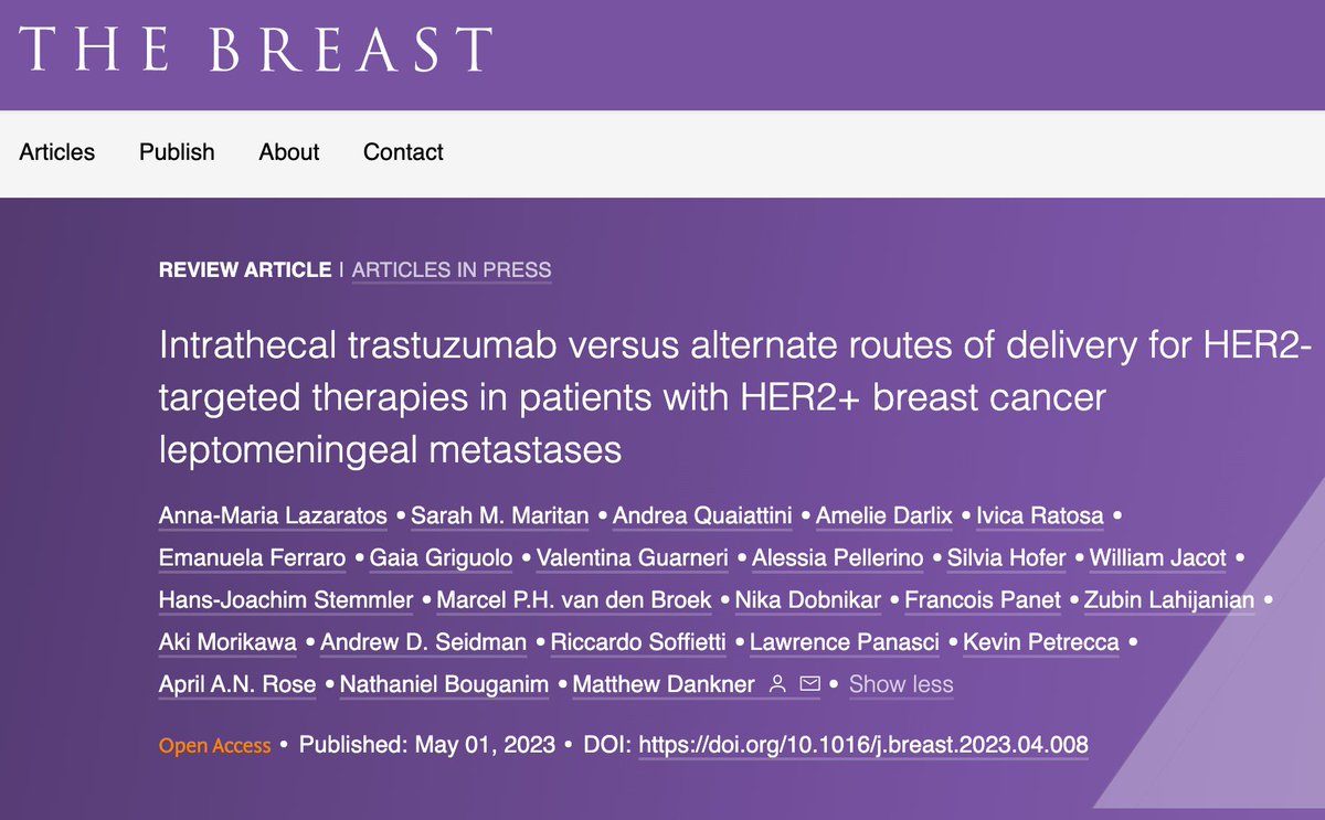 We are thrilled to share our new manuscript on intrathecal vs. alternative modalities for anti-HER2 therapy for breast cancer leptomeningeal metastases published in @TheBreastOnline @OncologyAdvance @OncoAlert sciencedirect.com/science/articl…