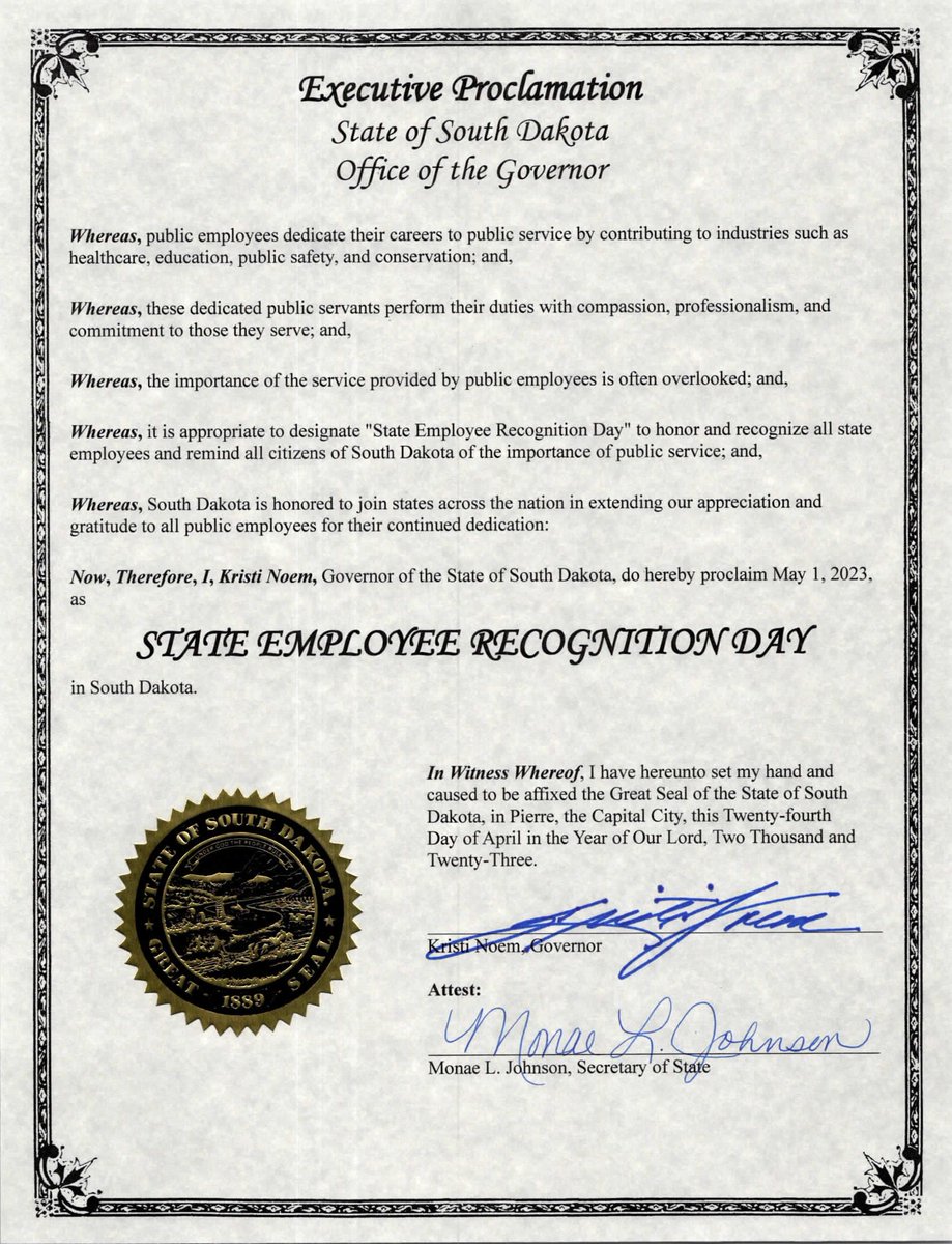 careerssd's tweet image. Here is a copy of the proclamation signed by @govkristinoem declaring May 1 State Employee Recognition Day. Thank you to all of you who work tirelessly each and every day to serve the state of South Dakota. 

#StateGovernment #SouthDakota #StateEmployees #RecognitionDay