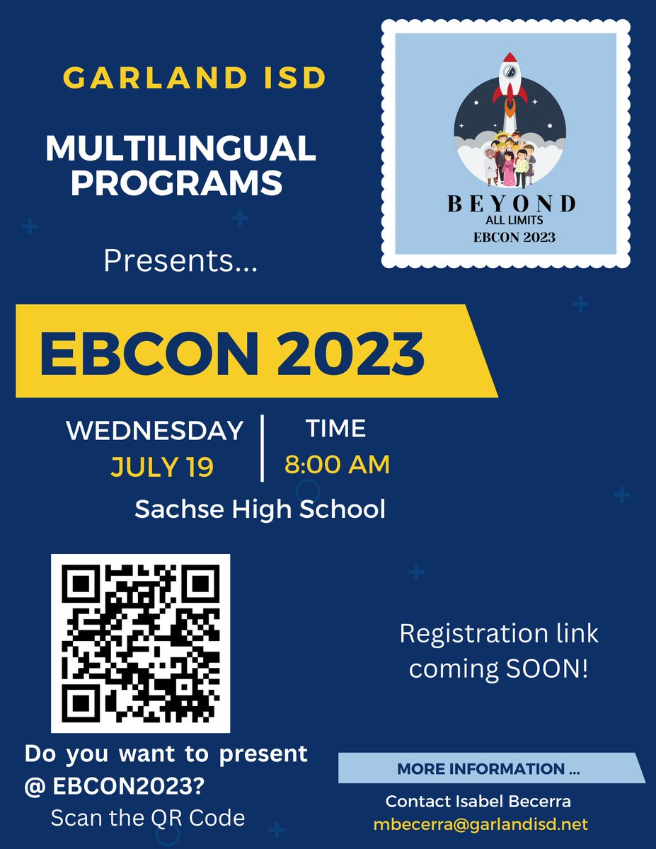 GISD📢 Are you ready for #EBCON2023? Save the date &amp; come join us for an AMAZING day of learning from some GREAT experts. If you are interested to present and show your AWESOMENESS, scan the QR CODE and submit your proposal! Registration coming 🔜.  <a href="/GISD4EBs/">GISD Multilingual Programs</a> <a href="/GISD_PD/">GISD Professional Learning</a> <a href="/gisdnews/">Garland ISD</a>