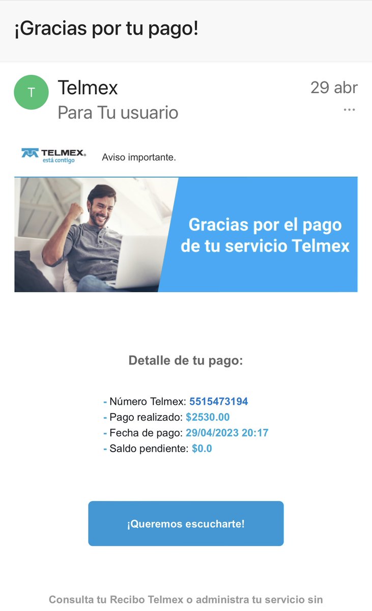 Elizalde79's tweet photo. @Telmex Pésimo servicio, en el portal me pide realizar un pago, pero por correo me han confirmado que tienen mi pago 🤦🏻‍♂️ https://t.co/wzYo9yZBXG