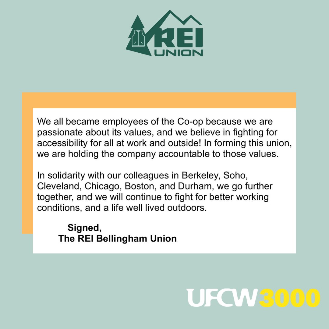 reiunionbham's tweet photo. We the workers of REI Bellingham are standing together for change and have filed for a union election with the NLRB. Read our letter to management #reiunion https://t.co/a6xqhhshoB