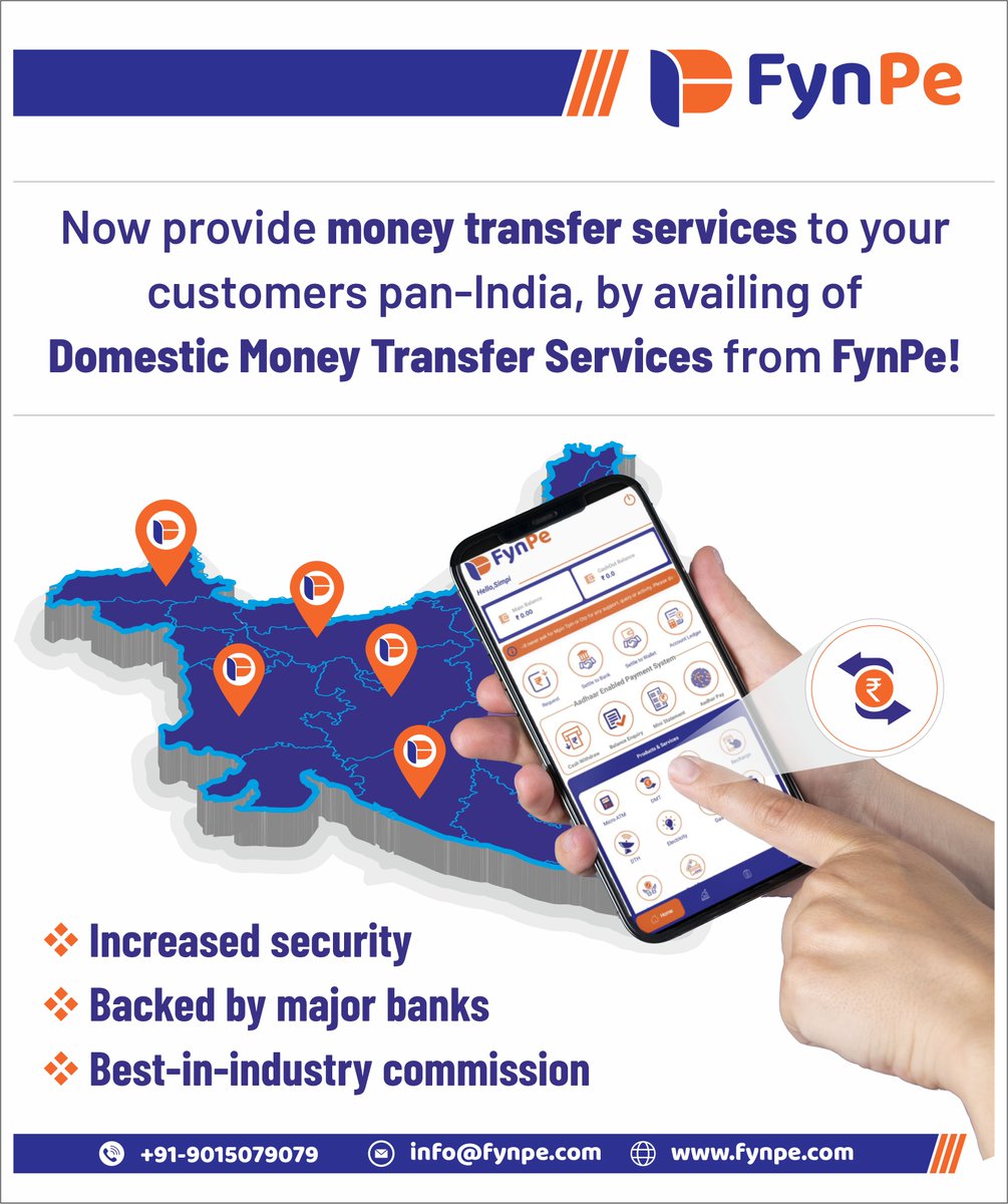 Offer best-in-class Domestic Money Transfer Services to your customers from the comfort of your shop and, earn attractive commission, from FynPe !
#domesticmoneytransfer
#instantmoneytransfer
#nationwidemoneytransfer
#securemoneytransfer
#fastmoneytransfer
#easymoneytransfer