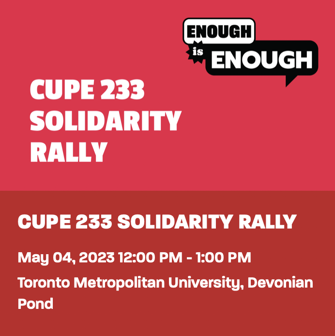 OFLabour's tweet photo. Join the #solidarity rally for better wages & pension fairness: Thurs 12PM @ Devonian Pond. Support #CUPE233 members on strike at @torontomet! RSVP here➡️➡️➡️https://t.co/C2xYnMZmTS #EnoughIsEnoughON #EnoughIsEnough #justice4workers #onlab #canlab https://t.co/2Y7xjw00tu