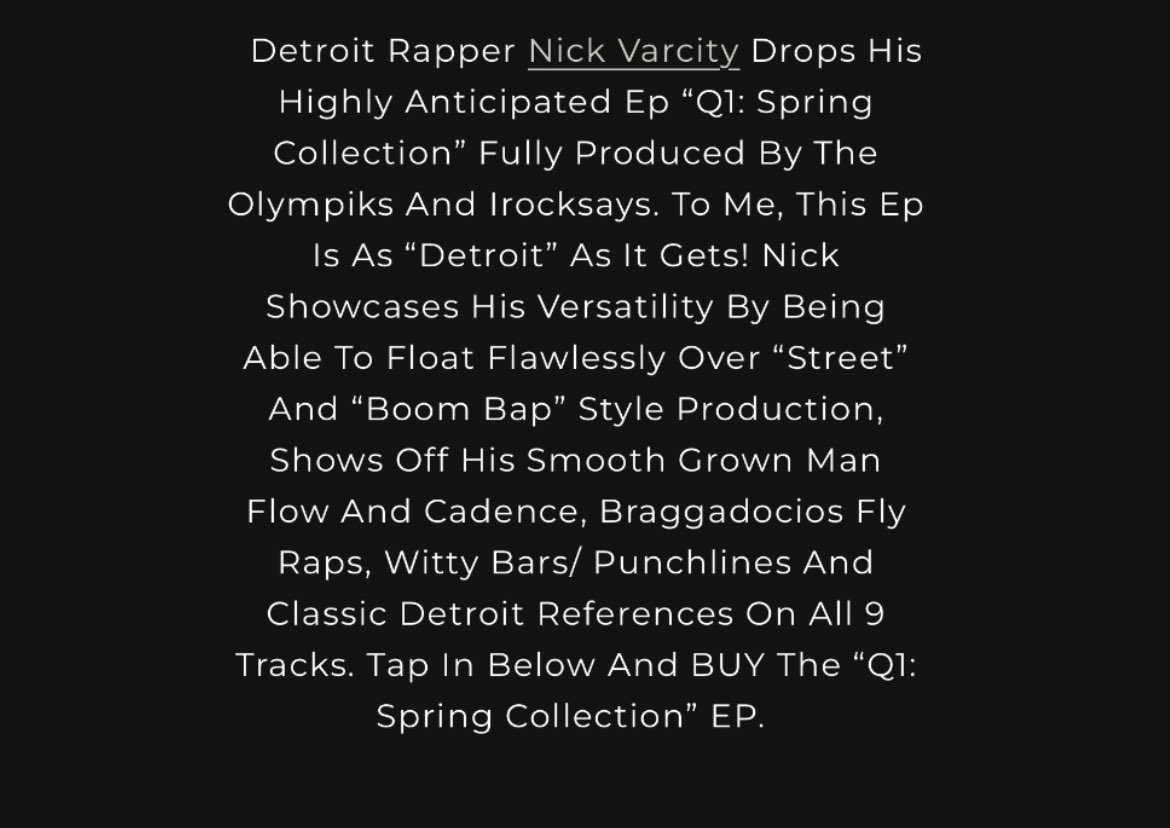 Major shout out to @detroitrap for the love they’ve been showing me lately. Q1: Spring Collection is out now on all streaming platforms. Dope write up! detroitrap.com/allposts/nick-…