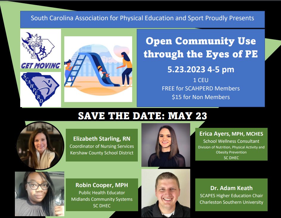 SCAHPERD_SCAPES's tweet photo. PEAK 2023 was outstanding! 🌟 Continue Learning with SCAPES on May 23! We will hear from Elizabeth, Robin, Erica, and @adamkeath on Open Community Use 🛝🥅🏀 https://t.co/WhEFLFxyBJ