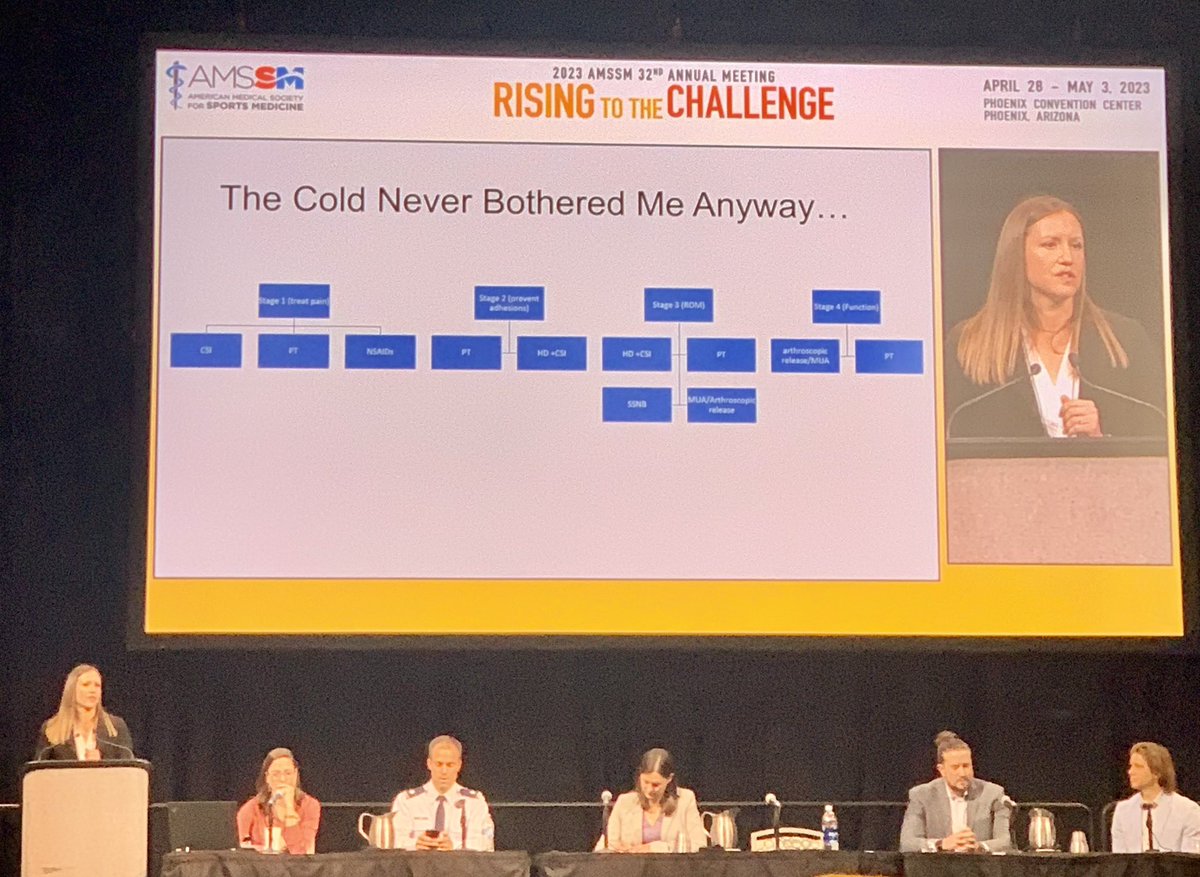 JamesEGardnerMD's tweet photo. Absolute dynamite presentation by Dr. Kristina Colbenson at @TheAMSSM summarizing the literature on procedural techniques for #frozenshoulder Take home: early stages treat inflammation w/ steroid and consider hydrodistention (25cc). Late stage optimize pain, maybe SSNB https://t.co/TU9vFEXvFL