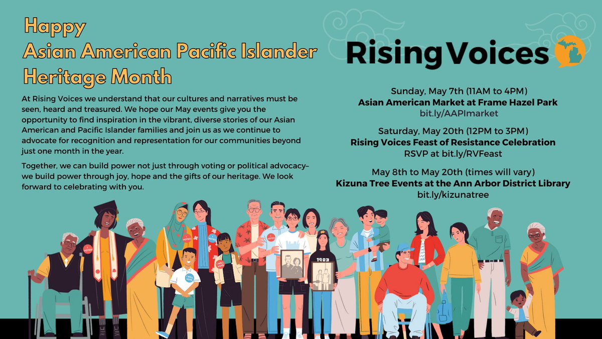 RisingVoicesAAF's tweet photo. May is Asian American Pacific Islander Heritage Month. Join us for our community events so we can build power not just through voting or political advocacy–but with joy, hope and the gifts of our heritage. We look forward to celebrating with you. #AAPIHeritageMonth #AAPIPower https://t.co/4VMCIhT2ty