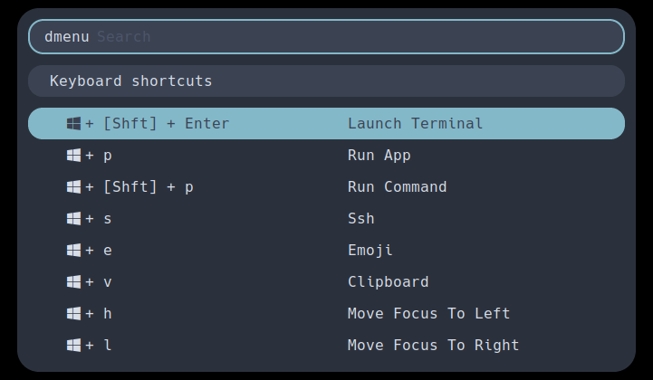 rofi showing shortcuts