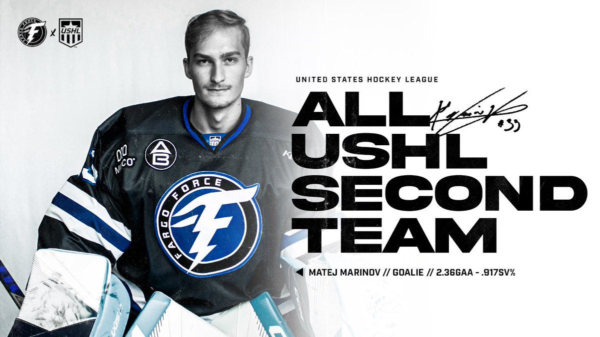 FargoForce's tweet photo. Congratulations to Fargo Force Goaltender Matej Marinov on being named to the All-USHL Second Team!

READ MORE➡️ https://t.co/8jzwNbaPBu

#ForceNation⚡️ | #StarsRise https://t.co/hQxwx73fBV