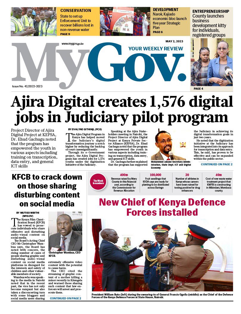 The Judiciary pilot program with Ajira Digital has created 1,576 digital jobs, empowering Kenyan youth to earn decent wages through digital &amp; digitally-enabled jobs in the Gig &amp; Freelancing economy. This government initiative provides training &amp; demand linkages - In MyGov weekly.