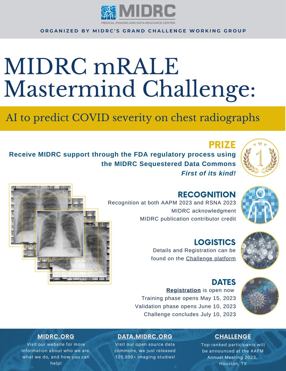 MIDRC_'s tweet image. Our second Grand Challenge has launched!
lnkd.in/guHwgAS6

The MIDRC mRALE Mastermind Challenge is organized in the spirit of cooperative scientific progress that benefits the common good and health outcomes for all, your contributions could help!