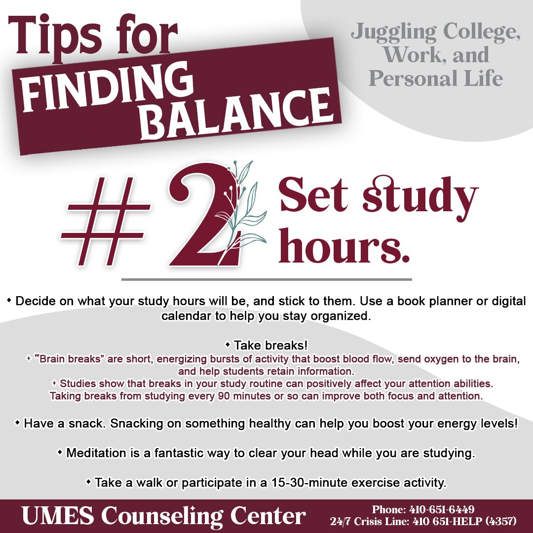 UMESCounseling's tweet photo. Feeling overwhelmed and fatigued?  Lack of balance? Balance is essential for mental wellness.  Check out these tips on creating balance for healthy living.  May is Mental Health Awareness Month. #umes https://t.co/Bud17RdIQx