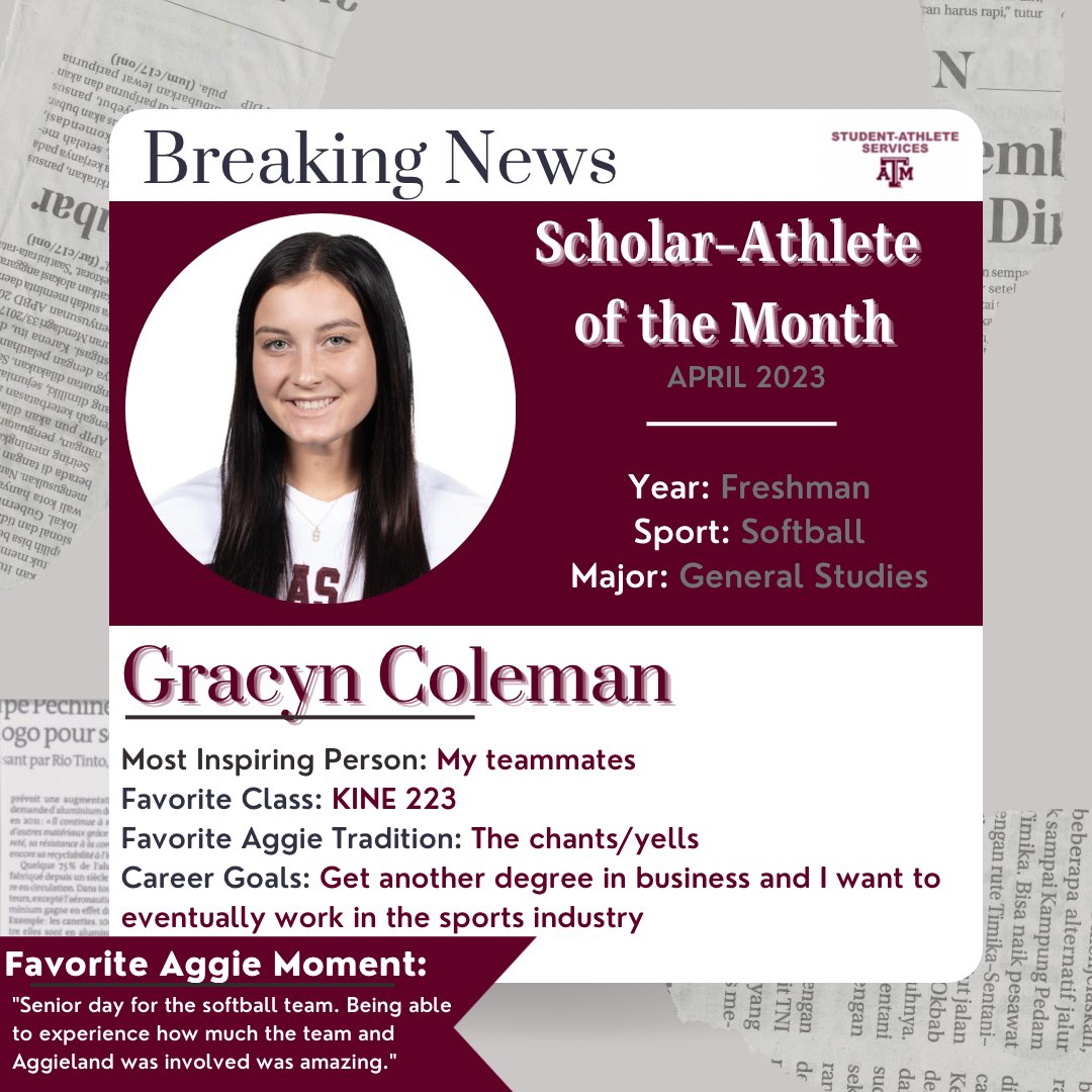 AggieAthletes's tweet image. Hard work on the field and in the classroom! Our April Scholar-Athletes go to @aggiefootball Le’Veon and @aggiesoftball Gracyn! 👍📚