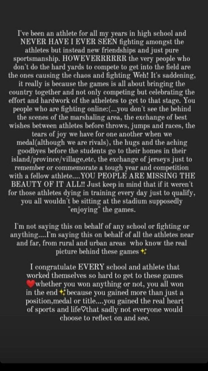 TaleBula87's tweet photo. Abigail Tavuyara, Captain of the SJSS Athletics team, posted this on her Instagram Story. Abigail shares her thoughts about the Coke Games.

This girl has been winning medals for her field. https://t.co/hNG61u0HcW