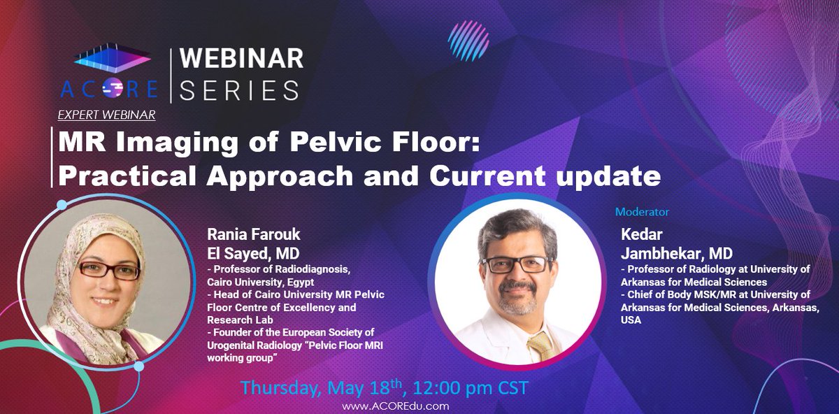 ACOREdu's tweet image. Learn from the best!🤩It is a pleasure to announce our upcoming expert webinar! 🎊🎉
Dr. @DrRaniaFaroukE1 will share her extensive expertise in pelvic floor MRI moderated by Dr. @jambhekark.
May 18th, 2023, at 12 PM CST.
Register now for free: bit.ly/42bXgmx