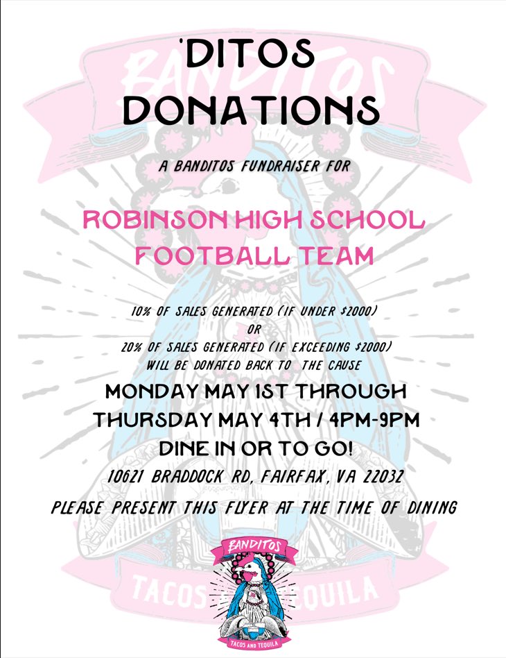 Starting today at 4pm through May 4th at 9pm, come out to Banditos and have a nice meal and support Robinson football. Present this graphic at the time of dining. Thank you for your support
#RamPride