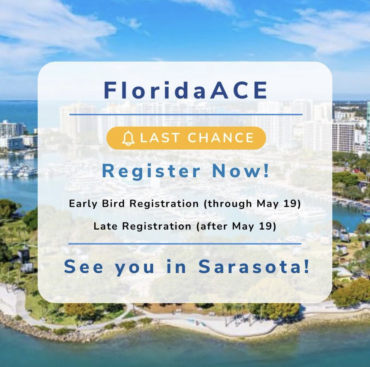 Register now, don't wait! The FloridaACE Annual Conference is just around the corner, June 14 - 16 at The Westin in Sarasota, FL. ⛵️🏝☀️

➡️ Register before the early bird rate ends and book your hotel here: lnkd.in/e7YD3ucy.

#FloridaACE23 #Conference