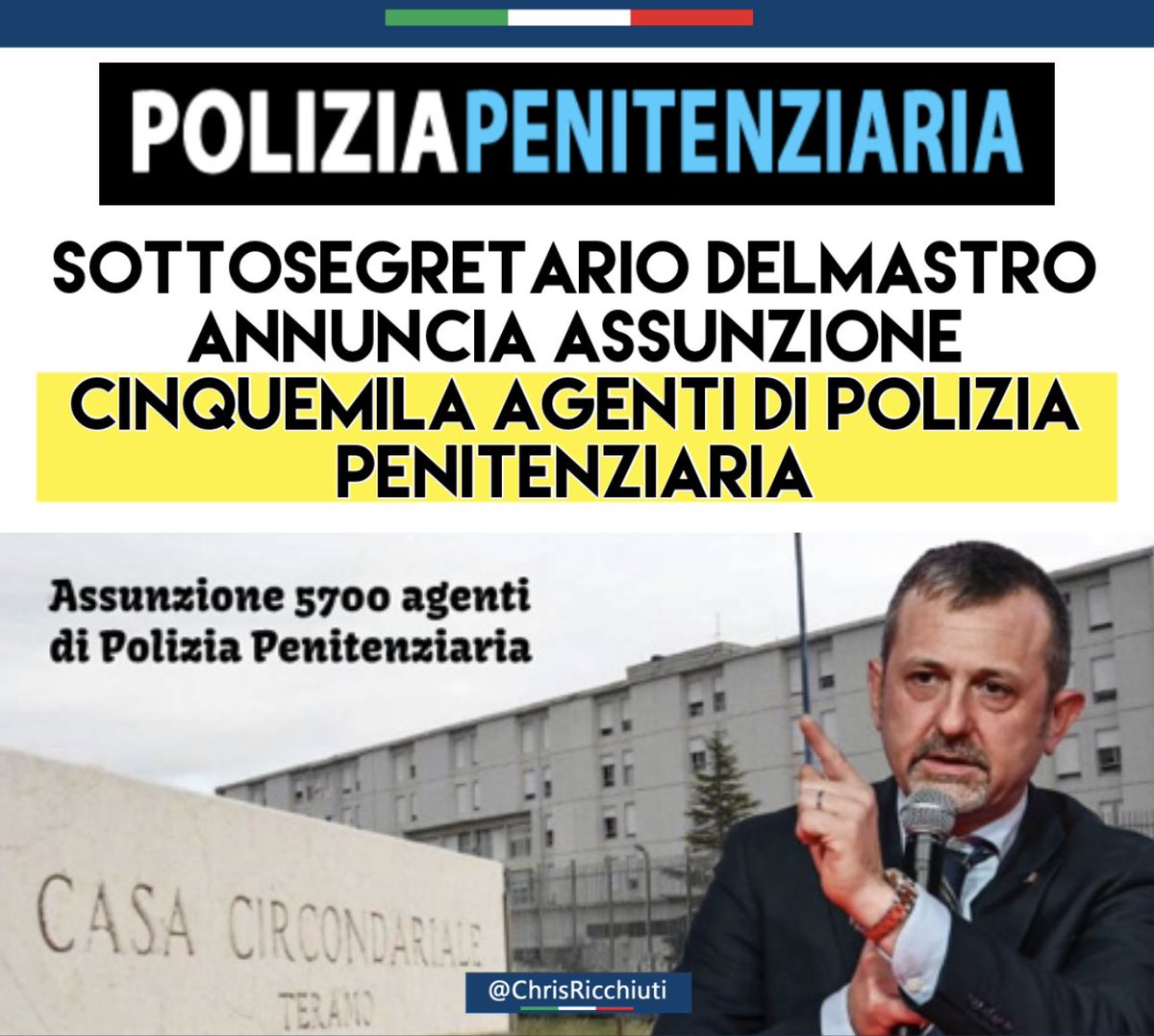 👉🏼 Corsi per complessivi 5700 nuovi agenti di #PoliziaPenitenziaria;

👉🏼 Residenze ad hoc per i detenuti con problemi #psichiatrici.

FINALMENTE una risposta concreta arriva con il nostro Sottosegretario alla #Giustizia @DelmastroAndrea 👏🏻🇮🇹
#1maggio