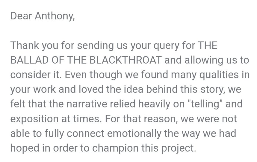 ALBuxton2's tweet photo. My 4th query reply, and despite it being a rejection it made me feel very positive. #WritingCommnunity https://t.co/JU3cloJGYp