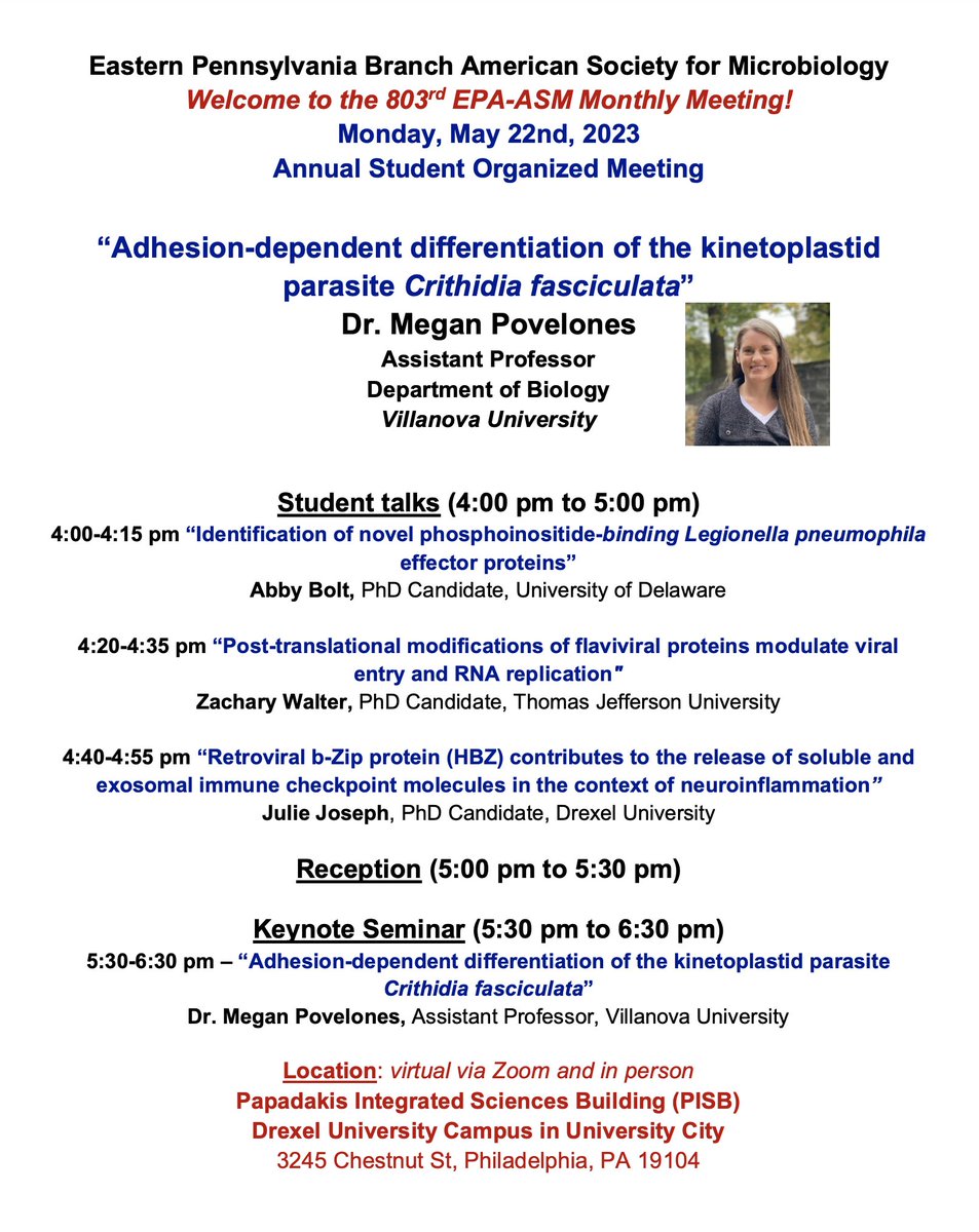 EPAASMBranch's tweet photo. Please join us for the 803rd monthly meeting of the EPAASM on May 22,  organized by the EPAASM Student Chapter.  More details on our website https://t.co/Nd4igmKxuB   @ASMicrobiology #ASMBranches #PhiladelphiaScience https://t.co/o0bxCof1jq