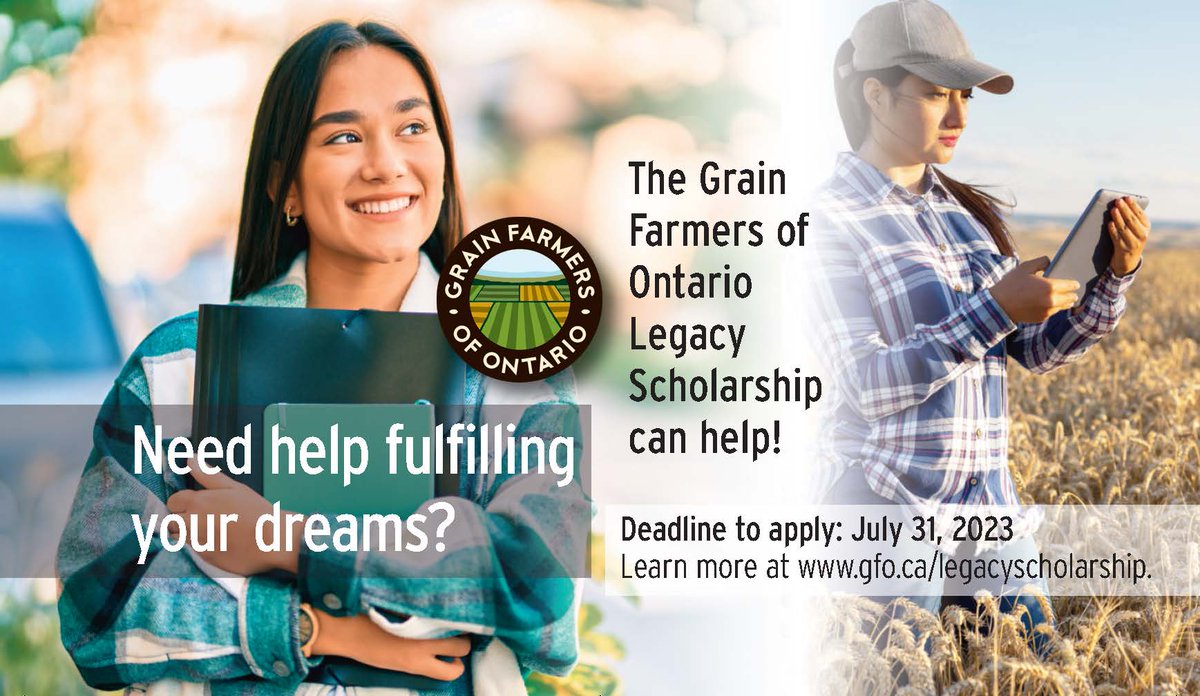 The Grain Farmers of Ontario Legacy Scholarship is now accepting applications. The Legacy Scholarship is open to Ontario students accepted or enrolled in any accredited post-secondary college or university program.  Read the full release here: gfo.ca/news-releases/…