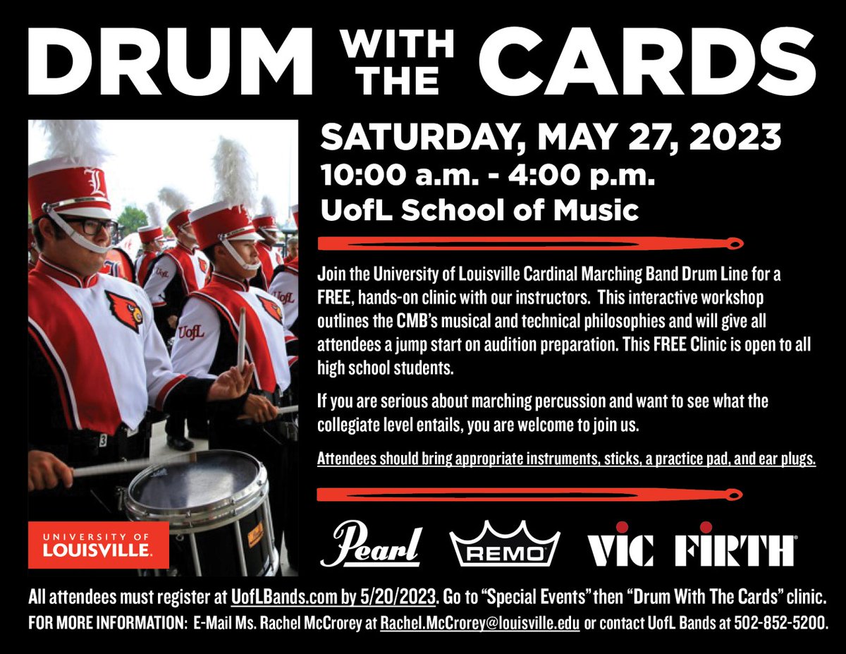 MarchingCards's tweet photo. Calling all high school drum line members: We are offering a Free Clinic on May 27! Visit https://t.co/hn2NMUxAtK to register! #GoCards #drumline https://t.co/DbXKZFScjL