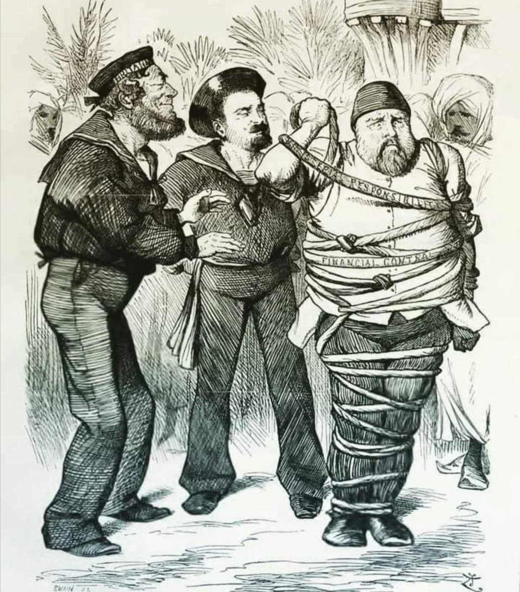 نشرت احدى الصحف البريطانية كاريكاتير في صيف عام 1875م تطالب الخديوي بسداد ديونه. 
ظهر الخديوي فيه بمظهرالعاجزالمقيد.
وظهر على القيود ما نصه "المسؤوليات المباشرة، والعقود المالية" والتي استخدمت لتقييده اكثر واكثر
كما لمعت ضحكات السخرية على شفاه مقيديه الحقيقيين!
#الماضي_يعيد_نفسه