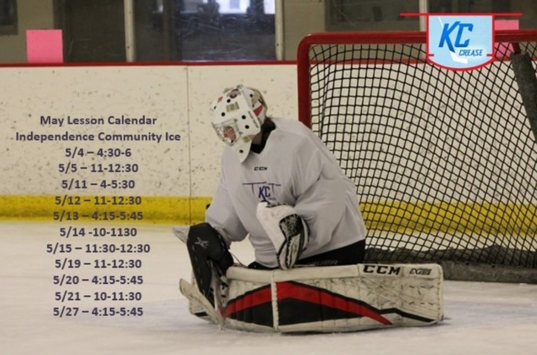 We're now booking for May! Lessons will be held at Independence Community Ice. Dates and times are as follows:

*all times subject to change based on
Independence rink management.

Either DM us on any social media platform or email KCCrease@gmail.com to reserve your  slot!