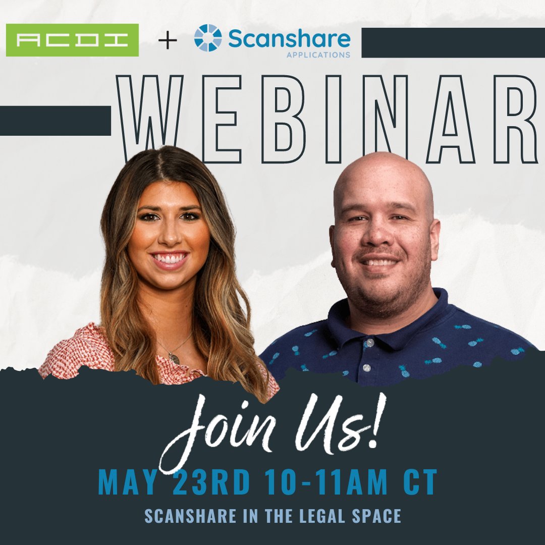 ACDI's tweet photo. From document scanning &amp; management systems to business workflow engines &amp; cloud-based file storage, @scanshare empowers users to improve business productivity and efficiency. Join our live webinar on May 23 to learn more about Scanshare &amp; its benefits! https://t.co/H4NZpWtnPx https://t.co/QuDw0gmjTl