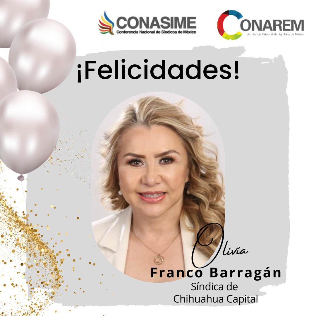 👏🥳Todos los que integramos la Conferencia Nacional de Síndicos de México (CONASIME) y su presidenta: <a href="/ErikaTrujilloOr/">Erika Trujillo</a> felicitamos a <a href="/OliviaFrancoB/">OliviaFrancoB</a> con motivo de su cumpleaños 🎈, deseándole que el éxito en su vida continúe.