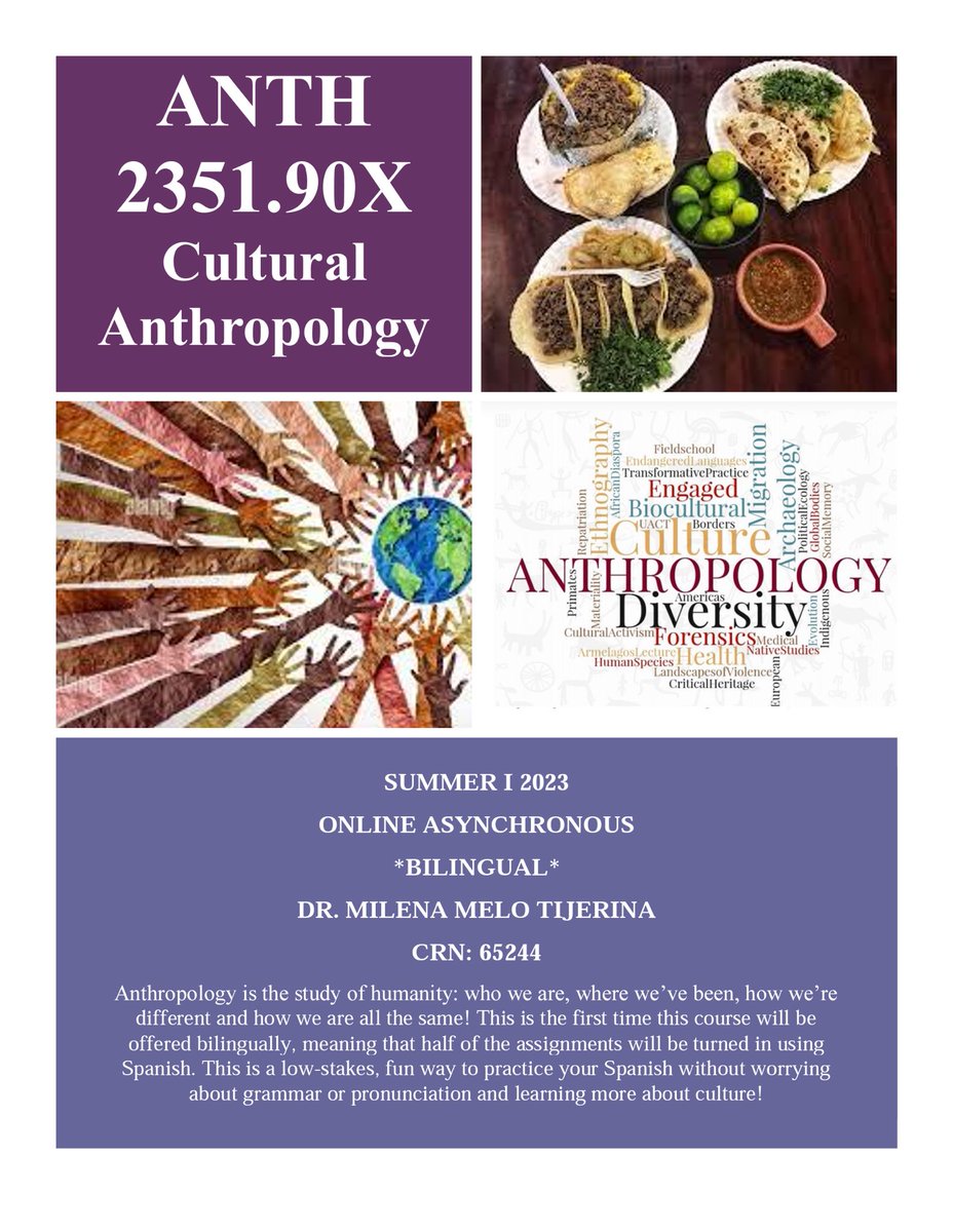 UTRGVAnthro's tweet photo. Dr. Milena Melo is  offering Intro to Cultural Anthropology (ANTH 2351.90X) in Summer I 2023 as an online asynchronous bilingual class! This is the first time this course will be offered bilingually, meaning that half of the assignments will be turned in using Spanish. https://t.co/wR0djArRva