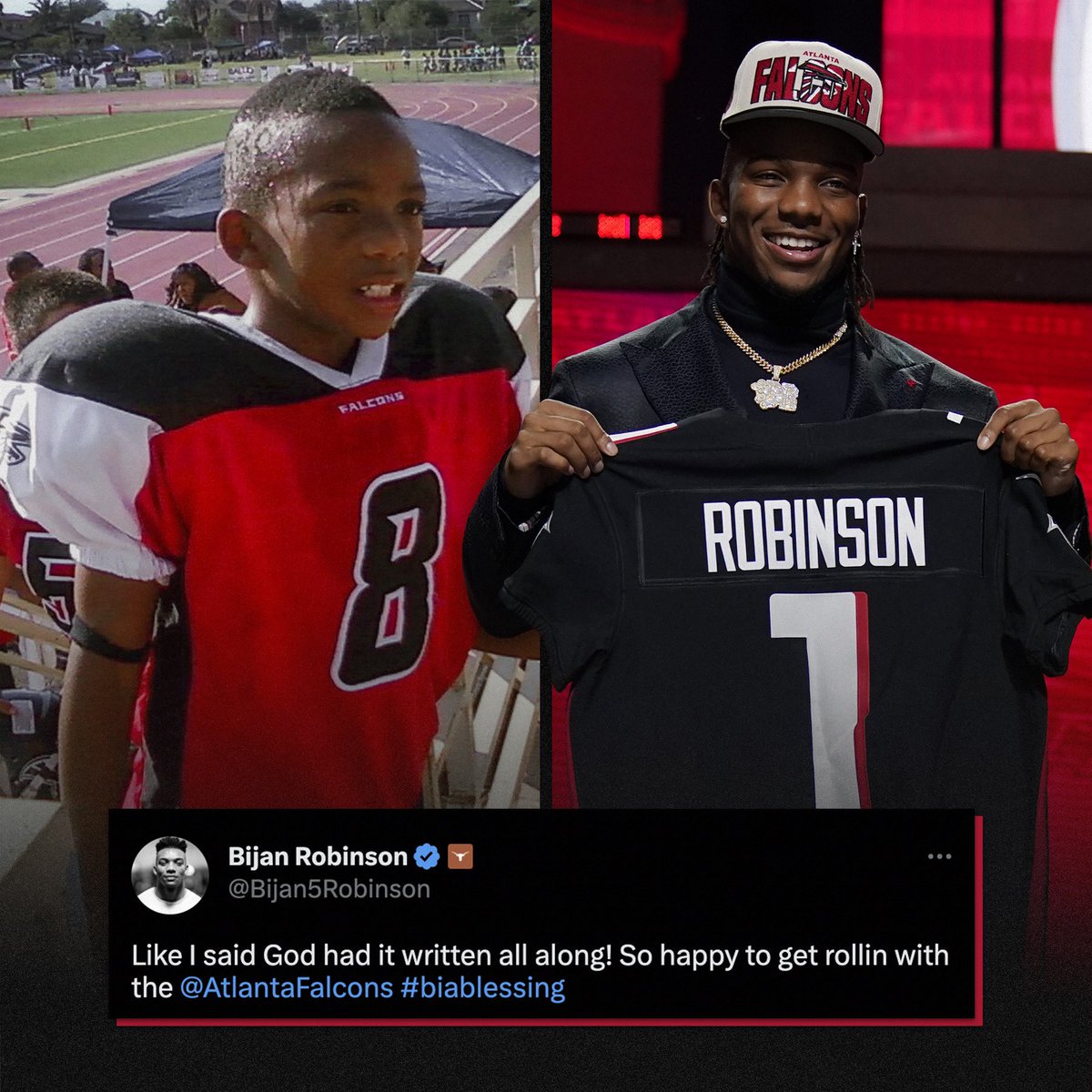 AtlantaFalcons's tweet photo. .@Bijan5Robinson’s first football team: The Tucson Falcons, wearing #8

@Bijan5Robinson in 2023: Drafted by the Atlanta Falcons, at pick #8

🥺 https://t.co/kuwocAbuvr