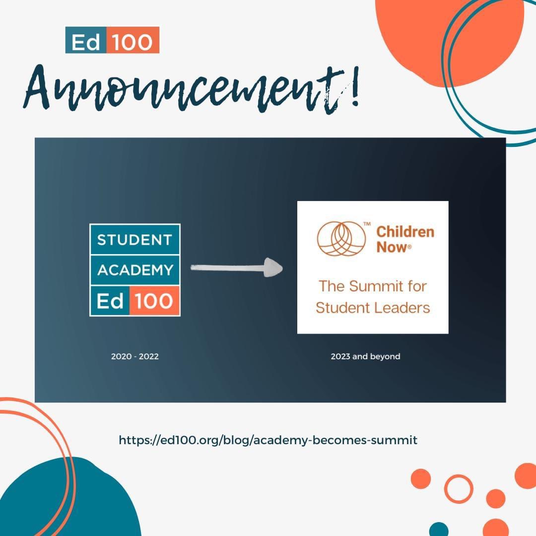 ed100_'s tweet photo. The Ed100 Academy is now the Summit for Student Leaders, a program of @ChildrenNow . Read more about this exciting transition, including how to get involved!
https://t.co/vZMLA0lswz
#education #studentleaders #childrennow #Ed100 #Summit #lacumbre #getinvolved #transformation https://t.co/HGOpZhYlld