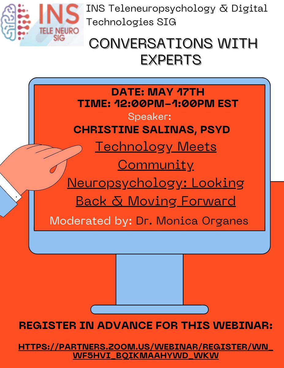 Join the <a href="/INSneuro/">INS</a> #Teleneuropsychology and Digital Tech SIG May 17th@12pm EST for our Conversations with Experts series with <a href="/DrCristiSalinas/">Dr. Cristi Salinas 🧠 Neuropsychologist</a>!! Register here: partners.zoom.us/webinar/regist…