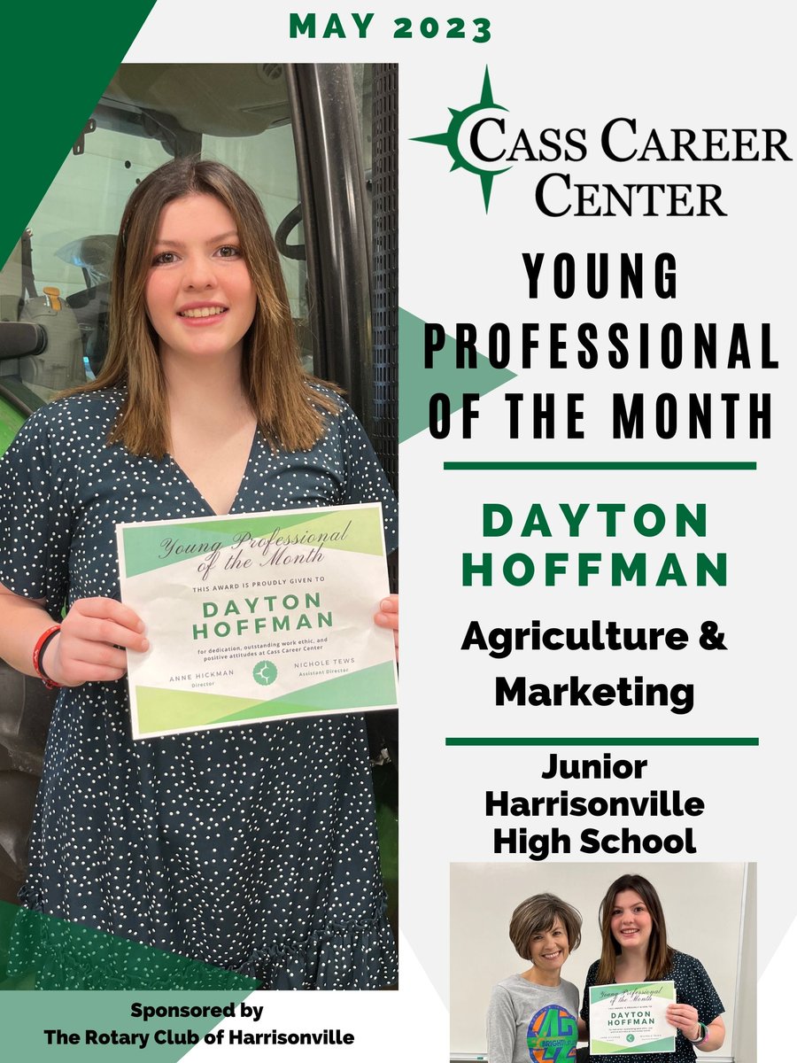 Congrats to Dayton Hoffman, CCC's junior Young Professional of the Month for May! Dayton is from Harrisonville &amp; is an active member in Agriculture &amp; Marketing as well as FFA &amp; DECA. Dayton is also a CCC Student Ambassador. Sponsored by the Rotary Club of Harrisonville.