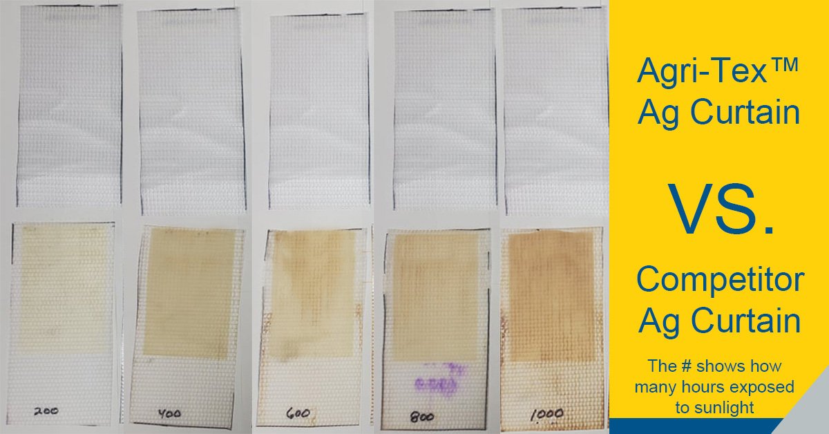 ABCIndustries1's tweet photo. Did you know that prolonged exposure to sunlight can cause damage to your Ag curtain? The test comparison displays a simulated weathering test from 200hrs to 1,000hrs of exposure to sunlight. Over time, UV rays can deteriorate the material, reducing its effectiveness. https://t.co/euAkWTV7Ou