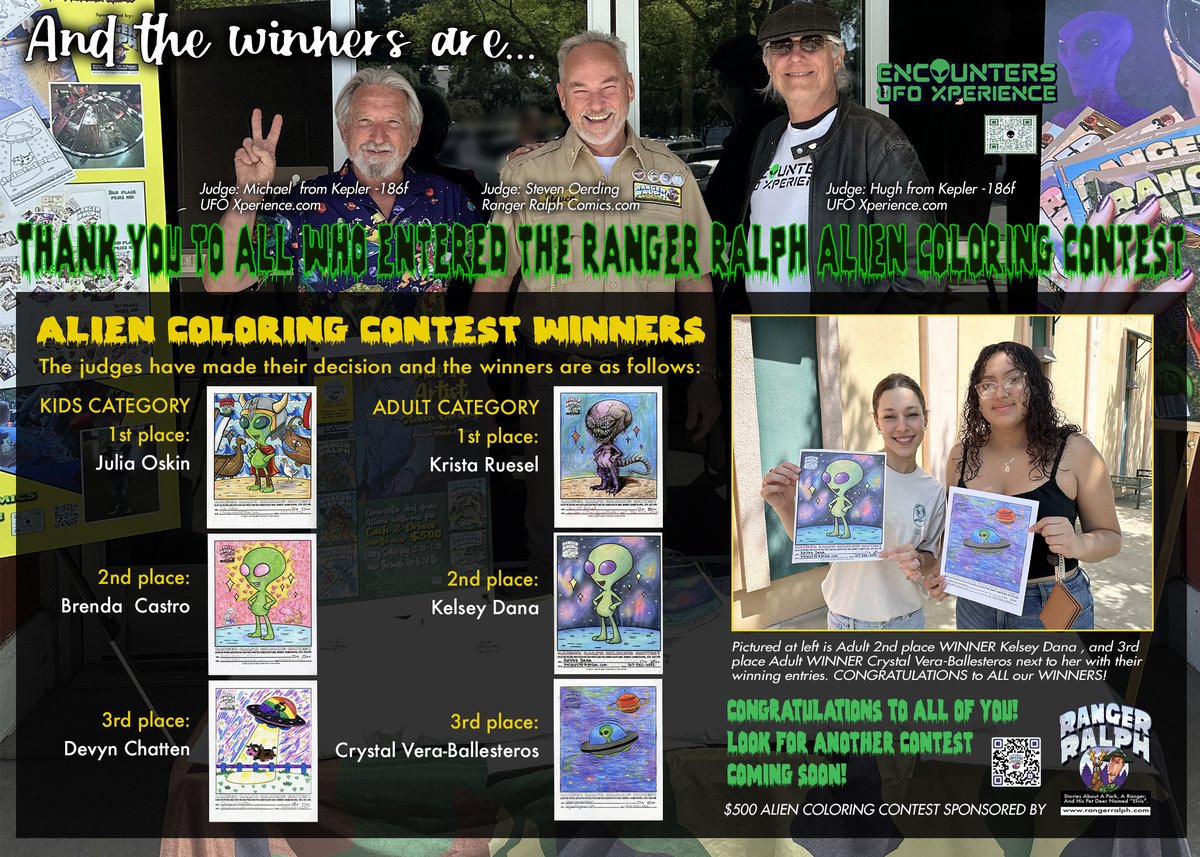 It's OFFICIAL, The UFO Experience pop-up has left Davis. Our judges picked the Ranger Ralph Alien Coloring Contest winners before they returned to their home planet and they are listed below. Congratulations to All of You! #comiccon2023 #funnyposts #WINNER #colorinspiration