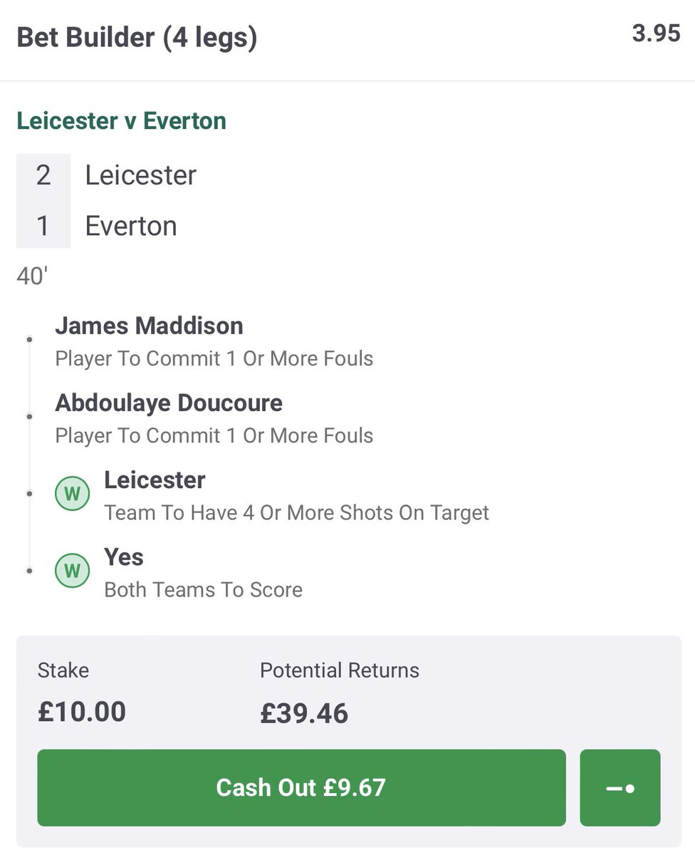 AndyRobsonTips's tweet photo. Both bets flying. 

Bet Builder:

✅ BTTS
✅ Leicester 4+ SoT

Player Boost: 

✅ Maddison 2+ SoT 
✅ Gueye 1 foul (need another)

Bring on the fouls and cards. 🤞🏼 https://t.co/APO4xewTHe