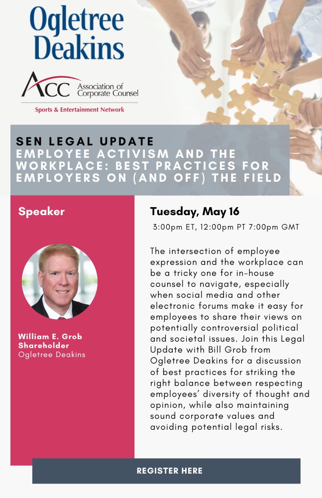 Happy Monday Sports &amp; Entertainment Network! Please join us &amp; our friends from the Labor &amp; Employment Network for our Legal Update where we’ll discuss the intersection of employee expression &amp; the workplace and how it can be tricky for in house counsel to navigate. See you there!