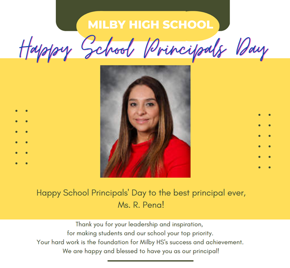 Charles Milby High School (@milby_hs) on Twitter photo Happy School Principals' Day to the best principal ever!
Thank you Ms. Peรฑa for your leadership and inspiration!  #weloveyouandwemeanit Happy School Principals' Day to the best principal ever!
Thank you Ms. Peรฑa for your leadership and inspiration!  #weloveyouandwemeanit