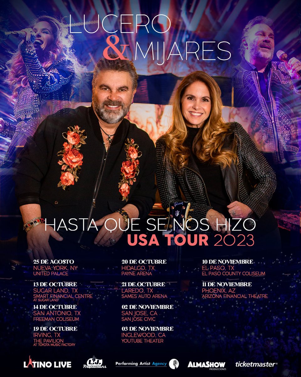 LatinoLiveNat's tweet photo. #LatinoLive te trae la gira más esperada del año: "Hasta que se nos hizo USA Tour 2023" con @LuceroMexico y @MijaresOficial.Preventa jueves 4 de mayo 10:00 am Venta general viernes 5 de may 10:00 am. https://t.co/bNntUdgtAA #almashowproductions #PerformingArtistAgency https://t.co/ryr2yMUW5o
